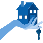 Mortgage broker home purchase icon where a womans hand holds a house with a key on the finger all in blue