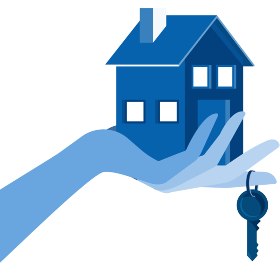 Mortgage broker home purchase icon where a womans hand holds a house with a key on the finger all in blue