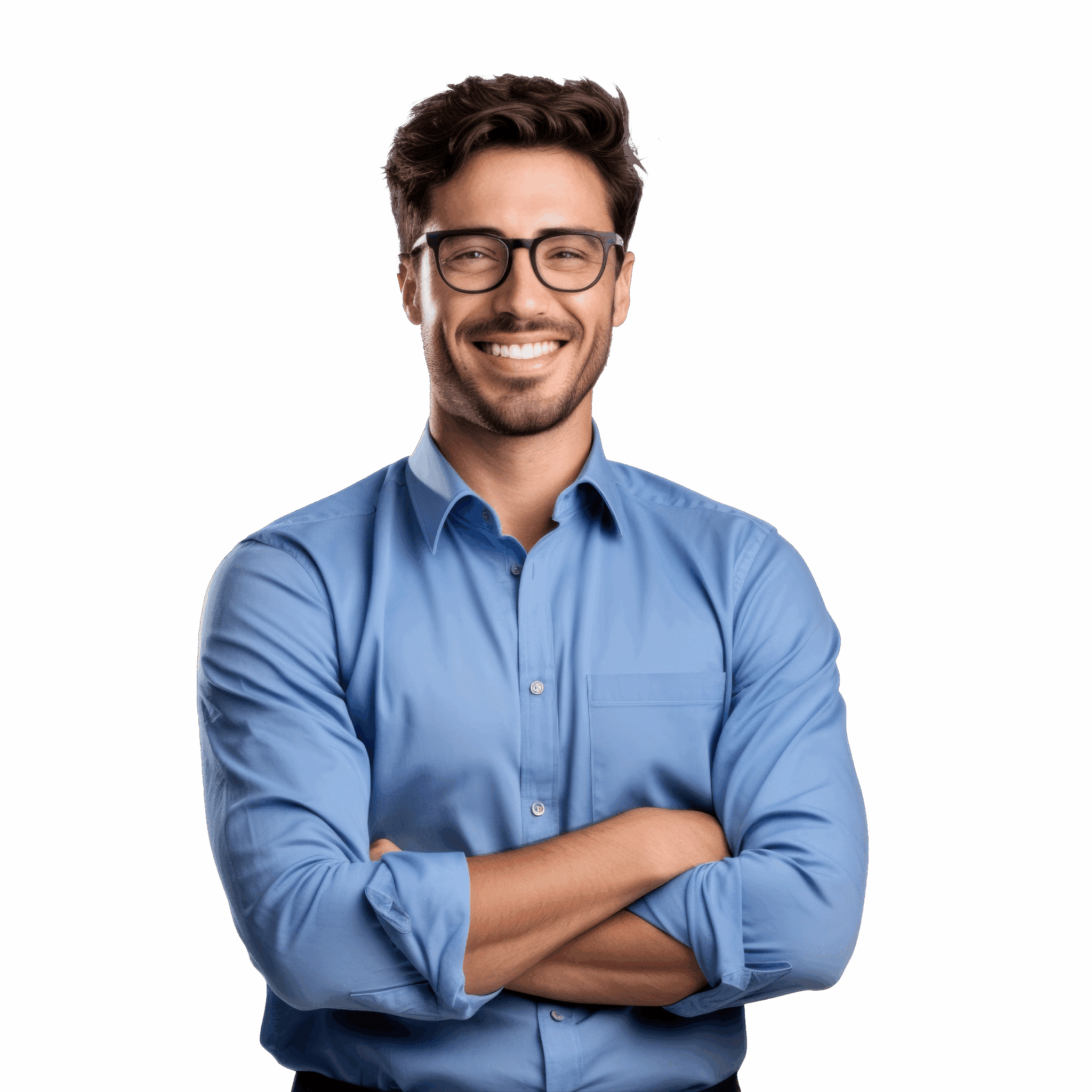 Confident man in blue shirt.