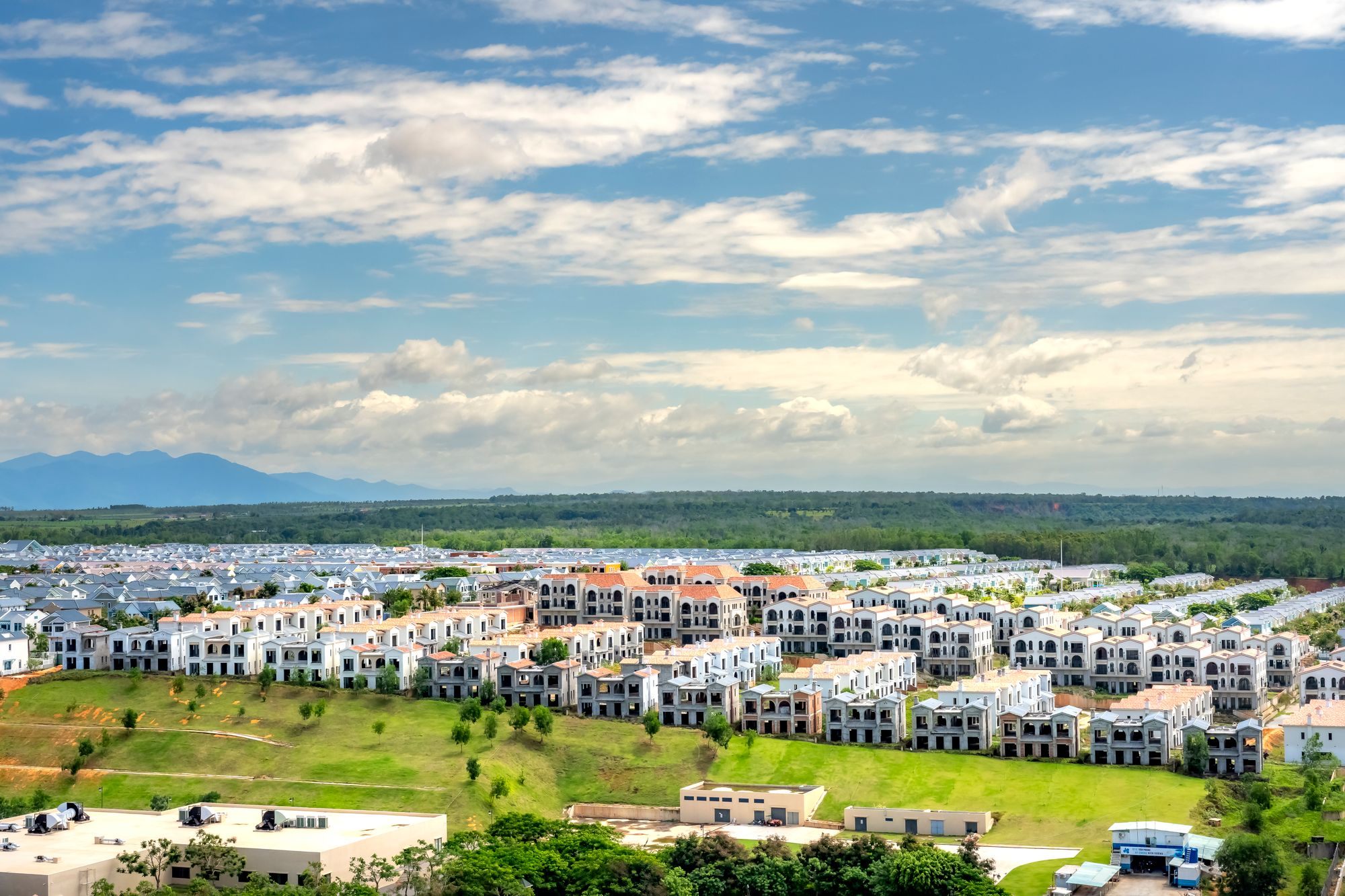 Aerial view of a suburban residential area