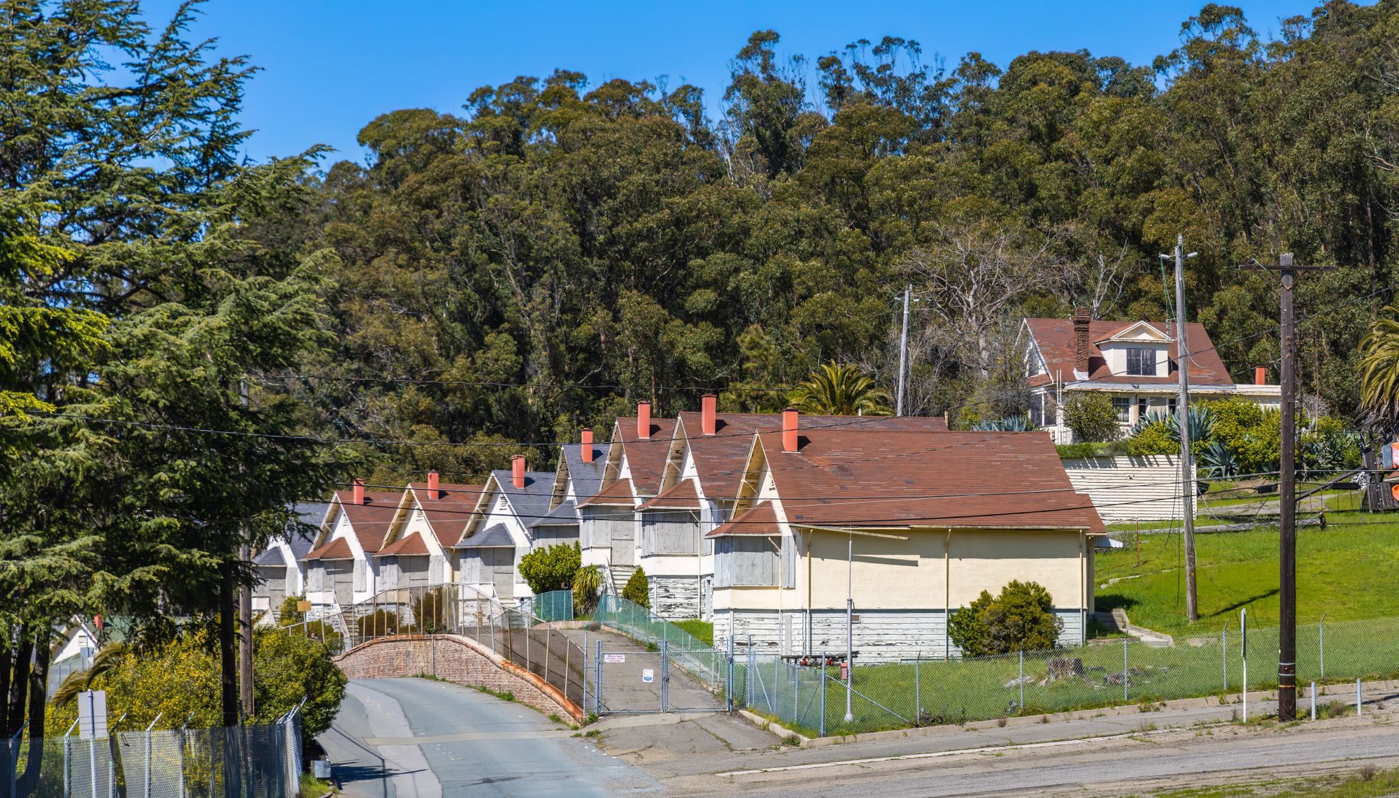 Row of older houses in front of a wooded hillside