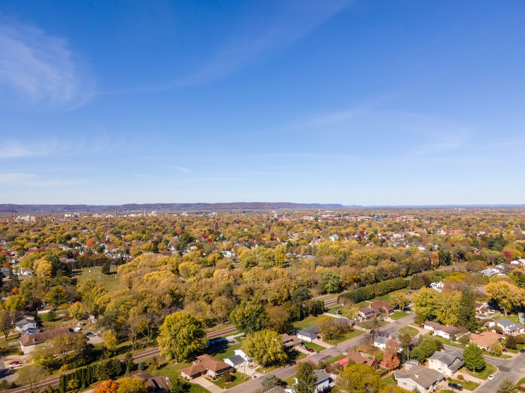 Aerial view of a Midwestern neighborhood in autumn