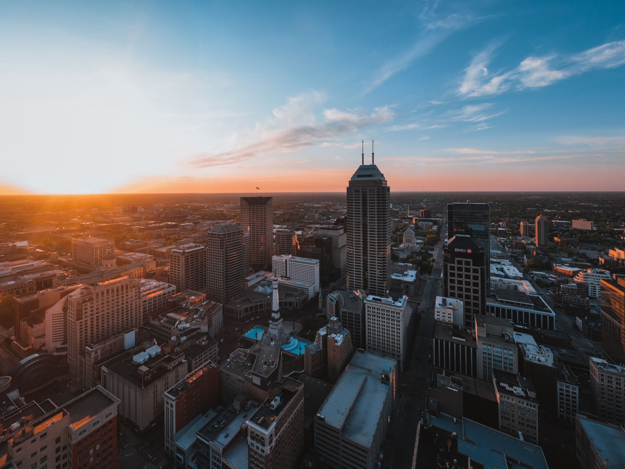 Aerial view of the Indianapolis skyline at sunset