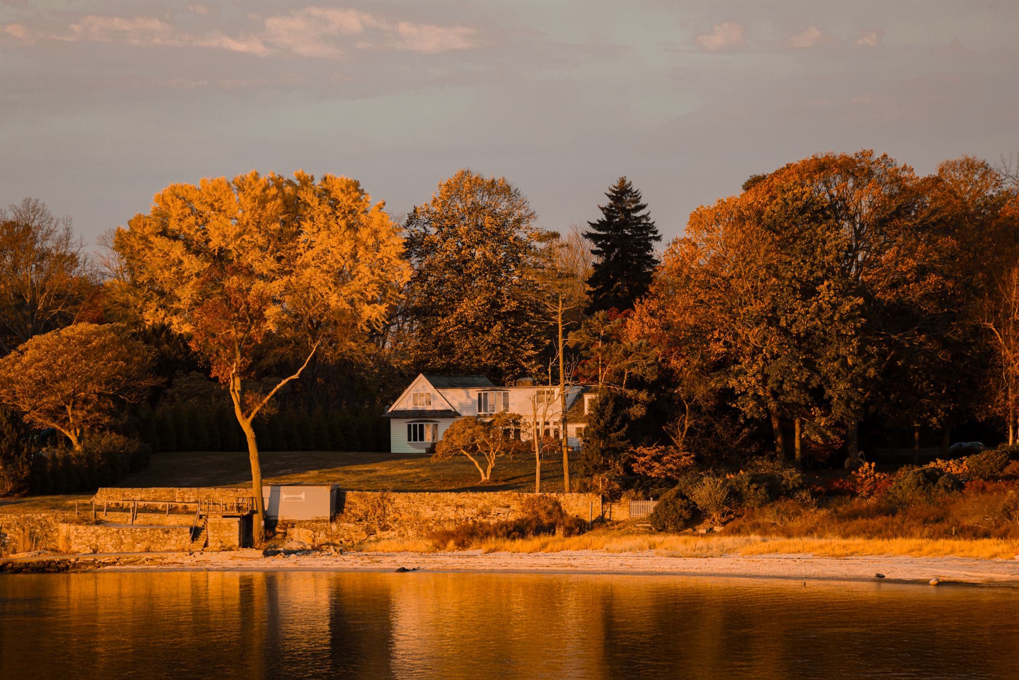 Lakeside house in warm evening light