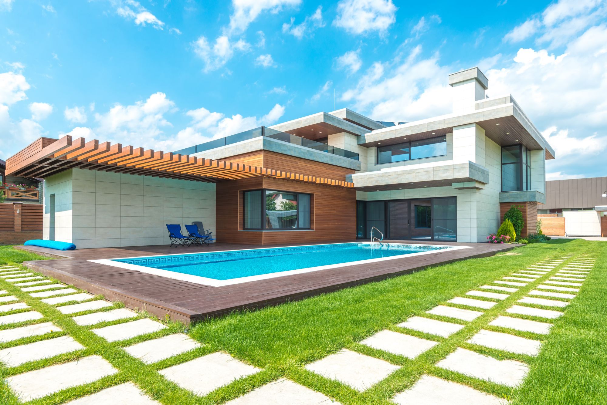 Modern home with a backyard swimming pool and patio